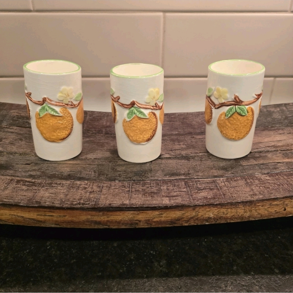 Vintage Napcoware Ceramic Juice Glasses With Orangr Design Set Of 3